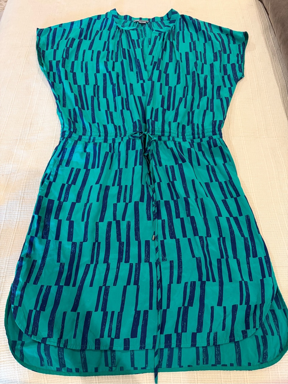 Vince 100% Silk Teal Navy Abstract Print Drawstring Waist Tunic Dress XL